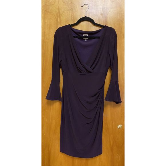 Anne Klein Purple Knee Length Ruched Wrap Long Sleeve Women's Dress Size 8 - Picture 10 of 16